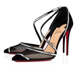 Christian Louboutin Chiara Diams 100 Black Silver Crystal Strap Heel Pump 39